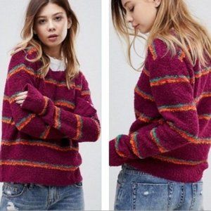 Free People Striped Fuzzy Alpaca Crewneck Sweater in Purple/Maroon - Size Small